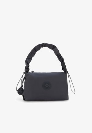 Mørkegrå nylon taske med et rundt, samlet håndtag. Har en rund logo-patch og justerbare snore-detaljer. Firkantet form.