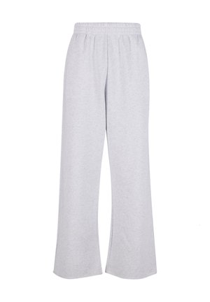 Szürke melegítőnadrág széles szárú kialakítással, rugalmas derékrésszel és puha, texturált anyagból. Tiszta, egyszerű esztétikával rendelkezik, díszítés nélkül.