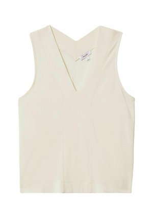 Top senza maniche a scollo a V in crema, realizzato in un tessuto liscio. Presenta un design pulito con sottili dettagli delle cuciture e una forma a A.