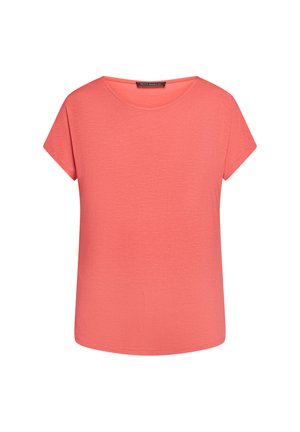 T-shirt pour femme à manches courtes de couleur corail rose, avec un col rond, un design uni, et une étiquette Betty Barclay à l'intérieur du col.