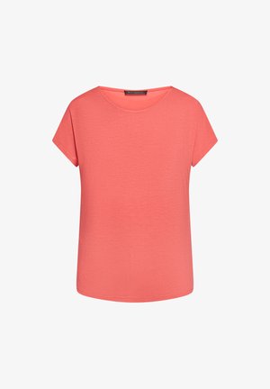T-shirt pour femme à manches courtes de couleur corail rose, avec un col rond, un design uni, et une étiquette Betty Barclay à l'intérieur du col.