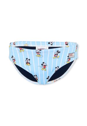 Jasnoniebieskie dziecięce kąpielówki w białe pionowe paski z powtarzającym się nadrukiem Myszki Miki w różnych pozach, z małą naszywką z logo.