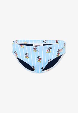 Slip da bagno per bambini azzurro chiaro con righe verticali bianche e stampa ripetuta di Topolino in varie pose, con una piccola toppa con logo.