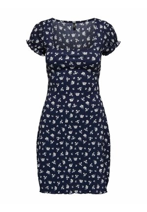 Vestido azul marino con mangas cortas abullonadas, escote cuadrado, silueta ajustada y patrón floral blanco en toda la prenda. Hecho de una tela texturizada.