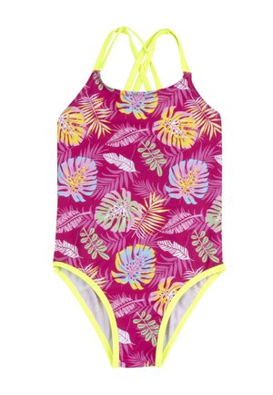 Costume da bagno intero con uno sfondo rosa vivace decorato con motivi di foglie tropicali multicolori e spalline a contrasto di colore giallo neon.