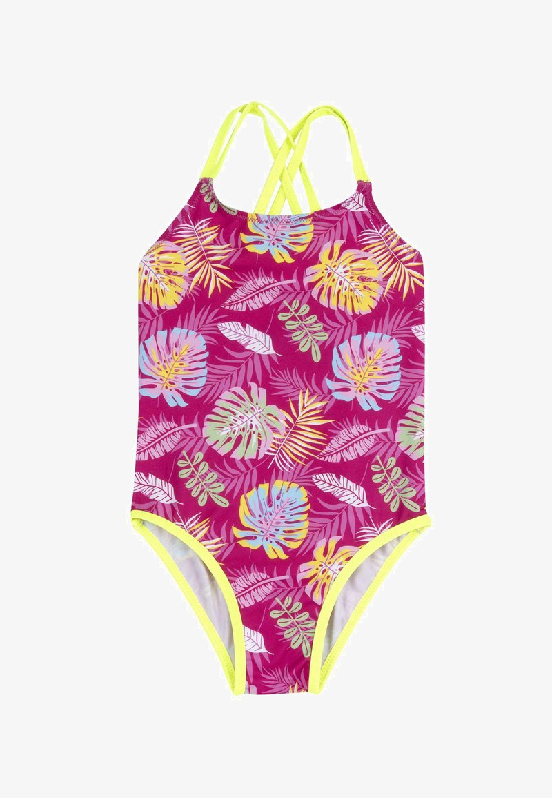Maillot une pièce avec un fond rose vif orné de motifs de feuilles tropicales multicolores et des bretelles contrastantes jaune néon.