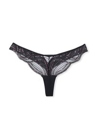 Thong en dentelle noire avec des détails en sequins dans un motif en vagues, présentant un design transparent et une ceinture en tissu lisse.