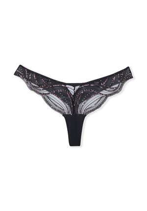 Schwarzer Spitzen-Tanga mit Paillettenverzierungen in Wellenmuster, der ein durchsichtiges Design und einen glatten Stoffbund aufweist.
