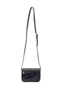 Borsa a tracolla in pelle blu navy con forma rettangolare slanciata, tracolla regolabile e tasca frontale con cerniera. Texture liscia senza motivi.