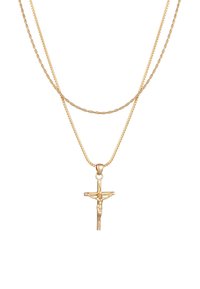 Collana d'oro con due catene; una è attorcigliata e l'altra è piatta. Il pendente è un crocifisso dettagliato.