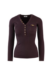 Maglia a maniche lunghe a righe di colore viola scuro, con scollatura a V, dettagli in bottone dorato e una tasca sul petto con un particolare in metallo dorato.