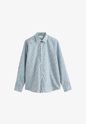 Cămașă cu guler albastru deschis, cu imprimeu floral, mâneci lungi, guler și butoane la partea din față. Fabricată dintr-un material moale și texturat.