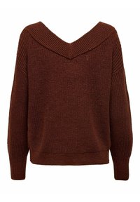 Pull en tricot marron avec un large col en V et des détails côtelés au niveau du col et des poignets. Présente une coupe décontractée et une surface texturée.