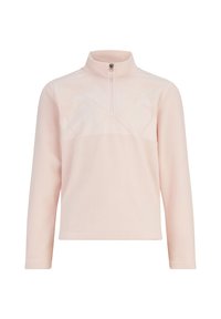 Pull-over en polaire rose clair avec un col haut et une fermeture éclair sur la moitié. Il présente une texture lisse et un motif géométrique subtil sur la poitrine.