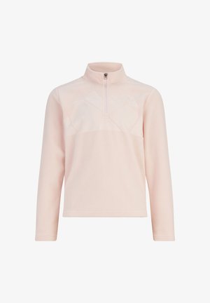Pull-over en polaire rose clair avec un col haut et une fermeture éclair sur la moitié. Il présente une texture lisse et un motif géométrique subtil sur la poitrine.