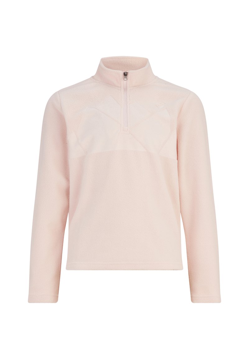 Pull-over en polaire rose clair avec un col haut et une fermeture éclair sur la moitié. Il présente une texture lisse et un motif géométrique subtil sur la poitrine.