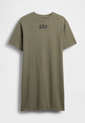 T-shirt de algodão verde-oliva com mangas curtas, decote redondo e logótipo preto "GAP" centrado no peito. Design simples, cor sólida.