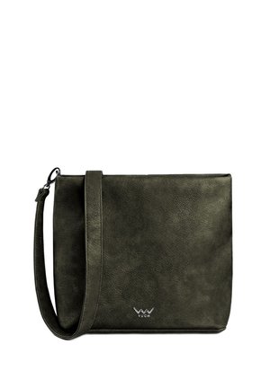 Green faux leather crossbody bag with a smooth texture, a silver logo accent, and an adjustable strap. Rectangular shape with sharp edges.