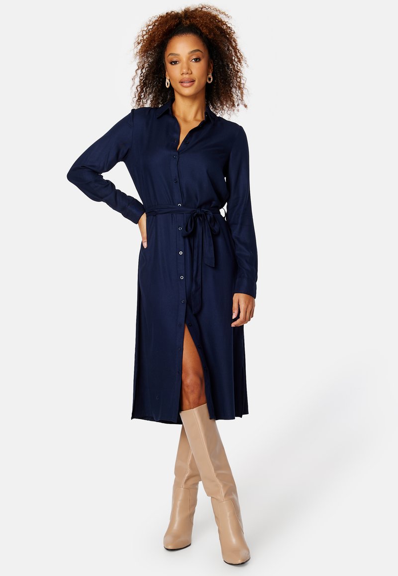 Bubbleroom BELTED L/S VISCOSE SHIRT DRESS - Abito a camicia - dark blue