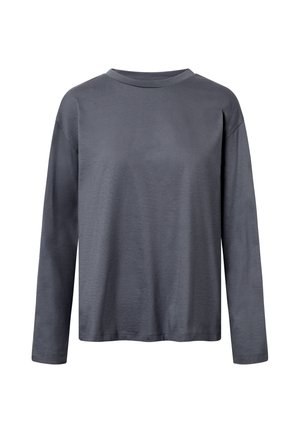 Langærmet ensfarvet mørkegrå crewneck-shirt med en afslappet pasform og uden synlige mønstre eller logoer, vist forfra.