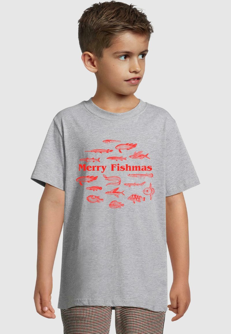 Gray t-shirt featuring a red graphic print of various fish and the text "Merry Fishmas" in bold letters. Short sleeves, crew neck design.