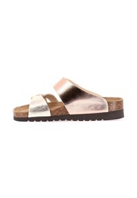Infradito metallici con una combinazione di colori rosa e argento, dotati di una fascia testurizzata e di una suola in sughero imbottita per il massimo comfort.
