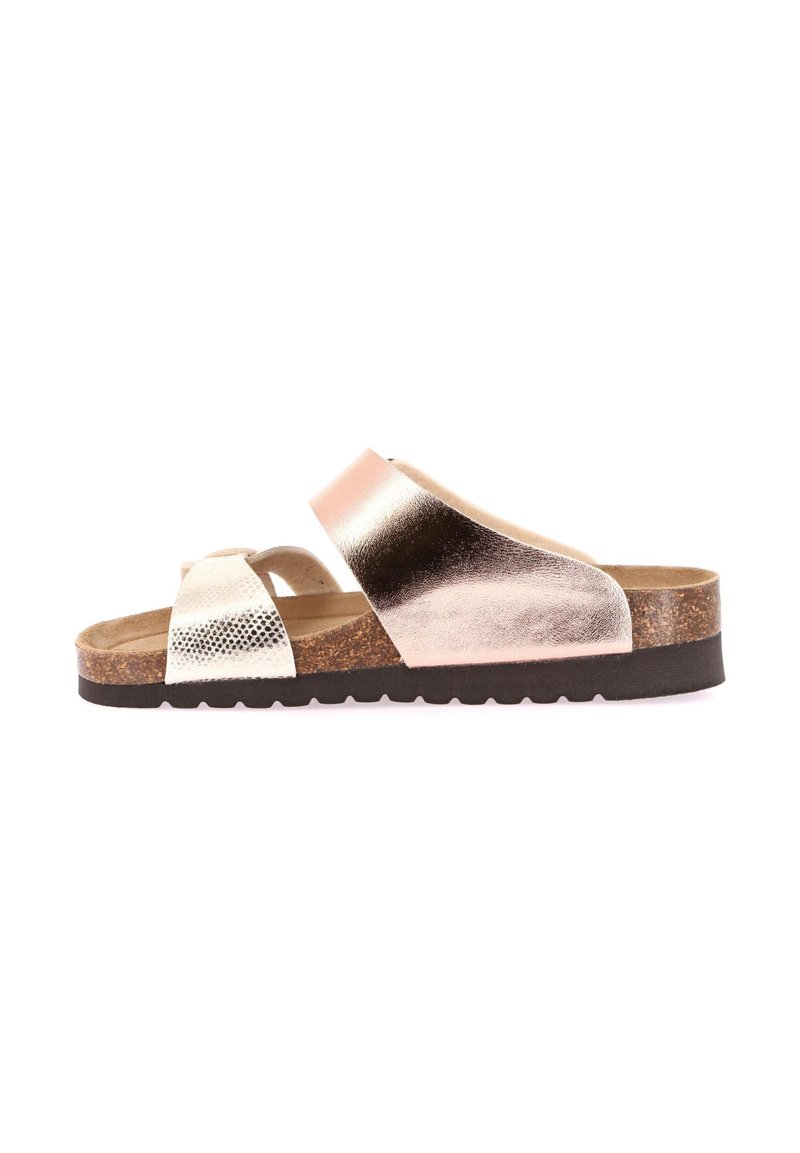 Infradito metallici con una combinazione di colori rosa e argento, dotati di una fascia testurizzata e di una suola in sughero imbottita per il massimo comfort.