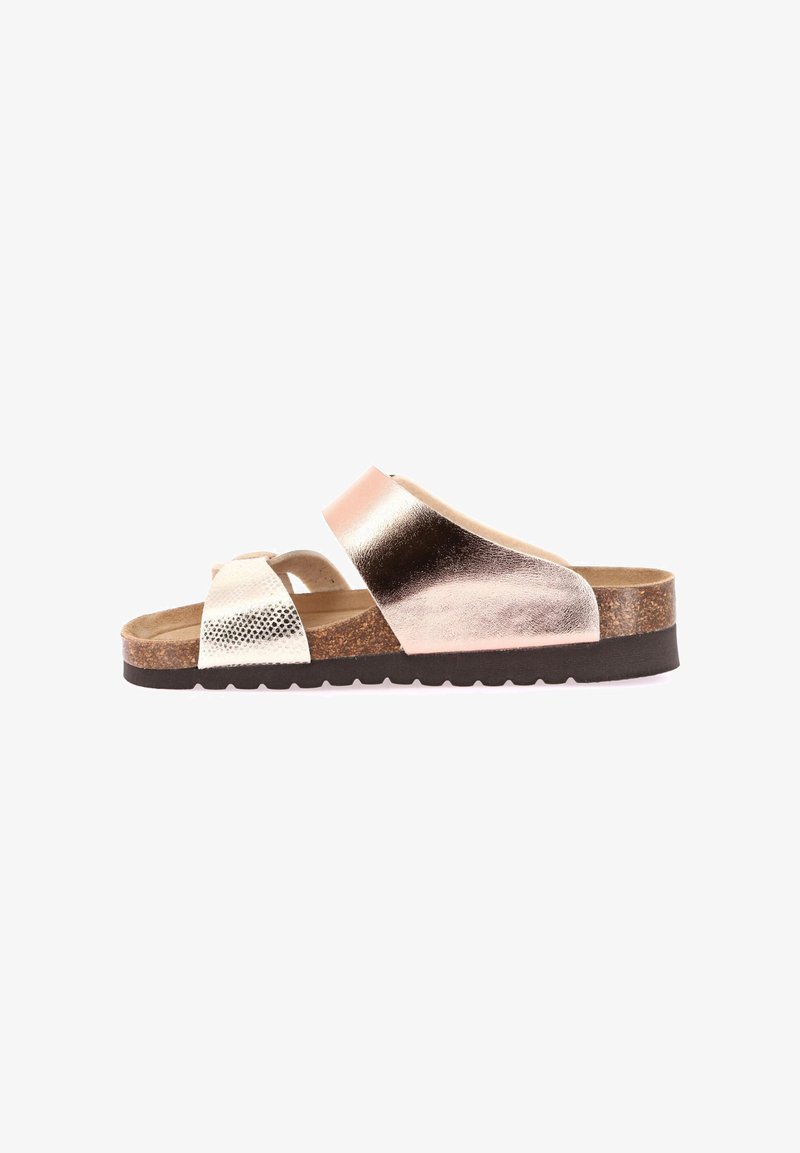 Infradito metallici con una combinazione di colori rosa e argento, dotati di una fascia testurizzata e di una suola in sughero imbottita per il massimo comfort.
