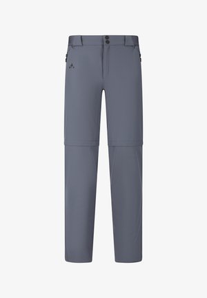 Pantalon de randonnée convertible gris à zip avec passants pour ceinture et deux poches latérales zippées.