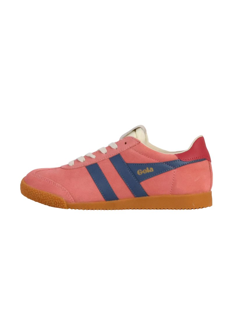 Pink suede sneaker with blue stripe accents, white laces, and a gum rubber sole. Features branding on the side. Low-top design.