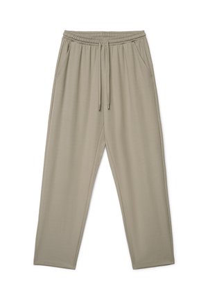 Pantaloni casual beige con vita elastica, chiusura con coulisse, tasche laterali e design a gamba dritta su sfondo bianco.