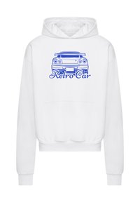 White hoodie featuring a blue retro car graphic and "Retro Car" text. The design includes a kangaroo pocket and ribbed cuffs at the sleeves.