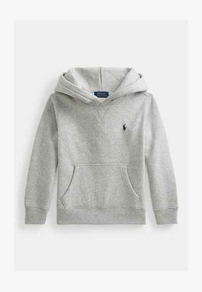 Šedá mikina s kapucňou vyrobená z bavlnenej zmesi, s prednou vreckom, rebrovanými manžetami a malým tmavým logom na hrudi.