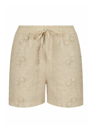 Beige korte broek met elastische tailleband, trekkoord en geborduurde bloemmotieven aan de voorkant en zijkanten.