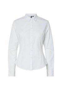 Camicia bianca con bottoni, maniche lunghe, colletto a punta e design aderente. Realizzata in tessuto morbido con una leggera lucentezza.