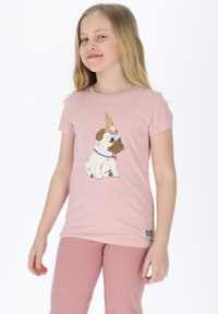 Light pink cotton t-shirt with a short sleeve design featuring a cartoon pug with a cone and ice cream, round neck, soft texture.