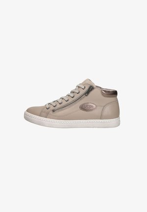 Beige leather high-top sneakers with a shiny metallic accent, side zipper, round toe, and white rubber sole featuring zigzag detailing.