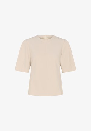 Smėlinės spalvos palaidinė trumpomis rankovėmis, su apvalia iškirpte, tiesaus kirpimo, gale centrinis užtrauktukas, eksponuojama ant vientisos baltos fono.