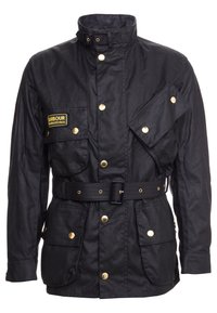 Black waxed fabric jacket with a high collar, gold snap buttons, adjustable belt, multiple pockets, and a Barbour International logo patch.
