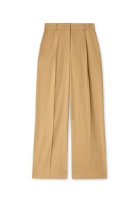 Beige hoge taillebroek met een wijd pijpenontwerp, voorzien van plooien aan de voorkant en een soepele textuur.