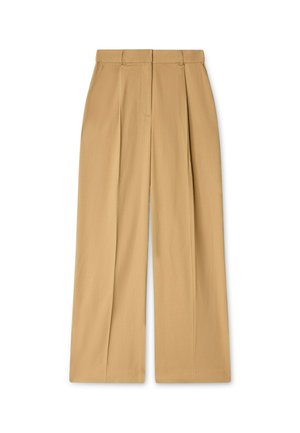 Beige high-waisted trousers with a wide-leg design, featuring pleats at the front and smooth texture.