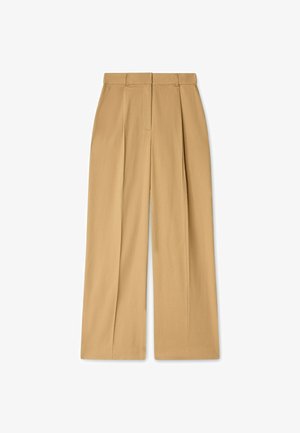 Beige high-waisted trousers with a wide-leg design, featuring pleats at the front and smooth texture.