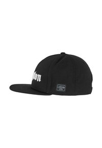 Black baseball cap with a flat visor, featuring white embroidered text and a small logo patch on the side. Made of fabric with a textured finish.