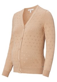 Cardigan lavorato a maglia beige con scollatura a V, chiusura con bottoni e motivi testurizzati in tutto il capo. Polsini e orlo a costine, materiale morbido.