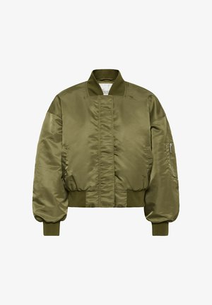 Olive roheline satiinist bomberjakk soonikkoes krae, varrukapaelte, ääre ja vasakul varrukal lukuga taskuga.