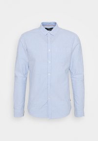 Hellblau-weiß gestreifte langärmlige Bluse mit Button-Down-Kragen, einer Brusttasche und Knopfverschluss. Aus Baumwollmaterial, reguläre Passform.