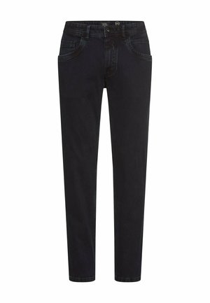 Schwarze Jeans aus Denim mit schmalem Schnitt, fünf Taschen und Knopfverschluss. Der Stoff hat eine glatte Textur mit dezenten Ausbleichungen.