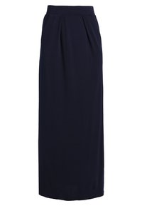 Tmavě modrá plisovaná midi sukně s přiléhavým pasem a splývavým materiálem. Hladká textura se rovnou siluetou.