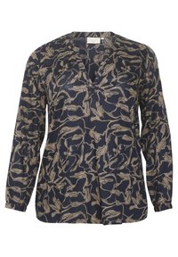 Blouse bleu marine avec un motif floral beige, dotée d'un col en V, de manches longues et d'une coupe ample, confectionnée dans un tissu léger.