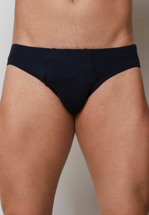 Dunkelblaue Herren-Unterhosen aus dehnbarem Stoff, mit glatter Textur, elastischem Bund und Kontrastnähten.